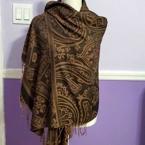NWOT Pashmina Boho Chic Brown & Bronze Paisley Fringe Scarf Wrap Shawl